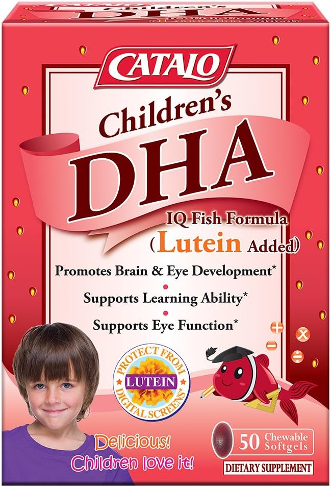 CATALO Children’s DHA IQ Formula with Lutein from Marigold Extract - Omega 3 for Kids Yummy Strawberry Flavored Chewable Softgels with 200 mg of DHA and 42 mg of EPA - Made in USA