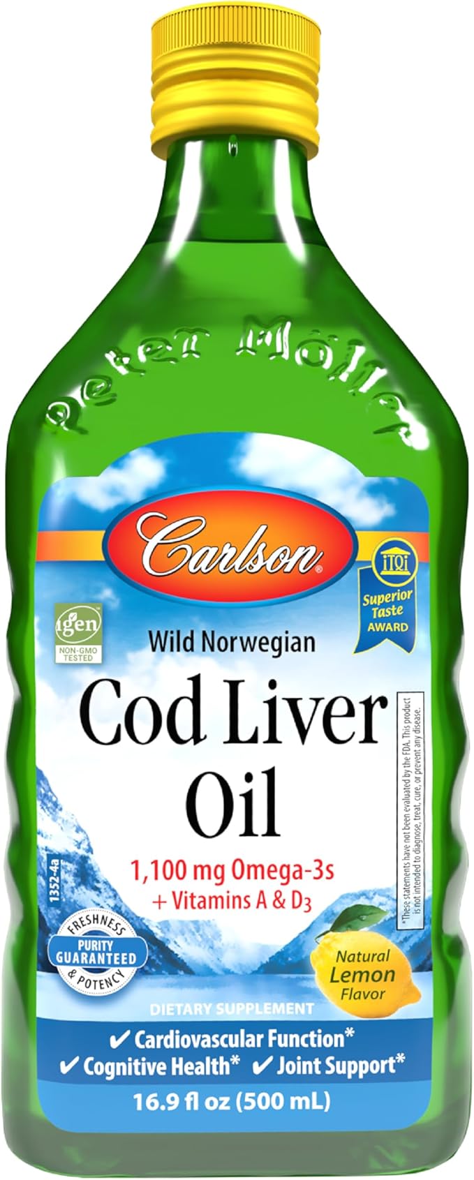 Carlson - Cod Liver Oil 1100 mg Omega-3s Plus Vitamins A &amp D3 Wild Caught Norwegian Arctic Sustainably Sourced Nordic Fish Oil Liquid Lemon 500 mL (16.9 Fl Oz)