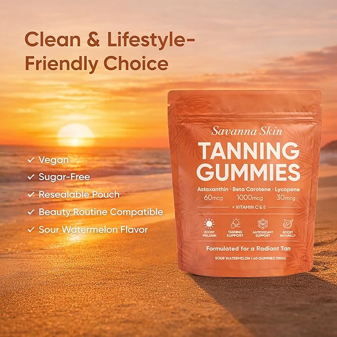 Savanna Skin Tanning Gummies with Vitamin C &amp E Astaxanthin Beta Carotene &amp Lycopene Blend Natural Looking Glow Bronzing Radiant Healthy Skin Non-GMO Vegan &amp Sugar-Free 60 Gummies