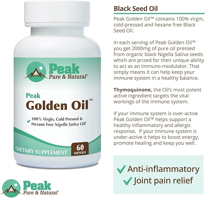 Peak Pure &amp Natural Peak Golden Oil Cold Pressed Organic Black Seed Oil Supplement - Black Seed Oil for Digestive Health Skin Nutrition Joint Comfort - 60 Capsules