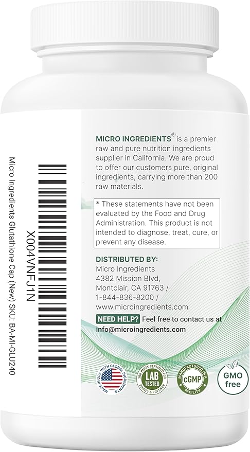 Micro Ingredients Glutathione 500mg with 100mg Vitamin C Supplement 240 Veggie Capsules | Reduced Glutathione + Fat Soluble Ascorbyl Palmitate Complex | Non-GMO Filler Free