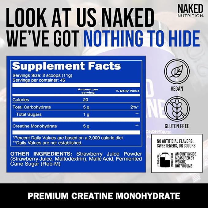 NAKED Creatine - Strawberry Flavored Creatine Monohydrate - Real Strawberry Powder No Additives Muscle Growth Vegan Non-GMO Gluten Free Soy Free - 45 Servings