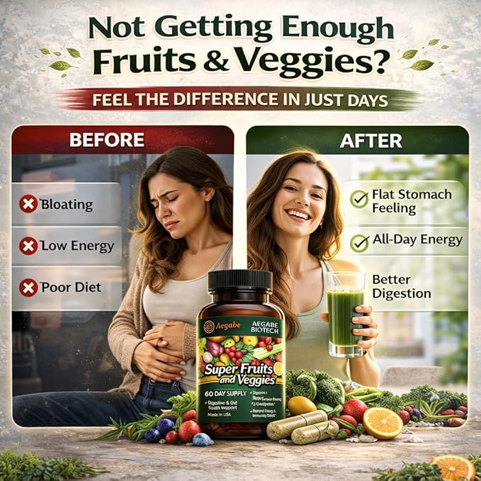 Premium Super Fruits and Veggies Supplement - 36 Whole Food Extracts - Advanced Digestive Health &amp Immune Support - One Capsule Daily - Made in USA - 60-Day Supply