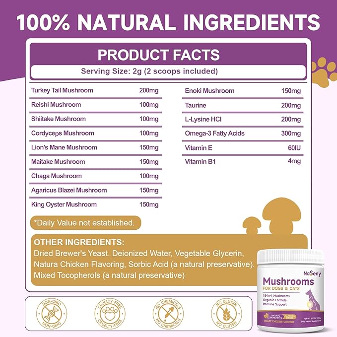 L-Lysine for Cats Cat Lysine for Feline Respiratory Sneezing Runny Nose Eye Function Mushroom for Dogs &amp Cats - Support Immune System Digestion Skin &amp Coat