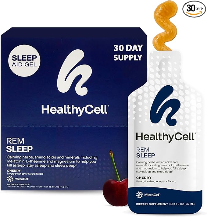Healthycell REM Sleep Aid Supplement for Adults - Liquid Gel Extra Strength Sleep Supplement with Melatonin Magnesium L-Theanine GABA &amp Natural Calming Herbs - 30 Gel Packs Cherry Flavored