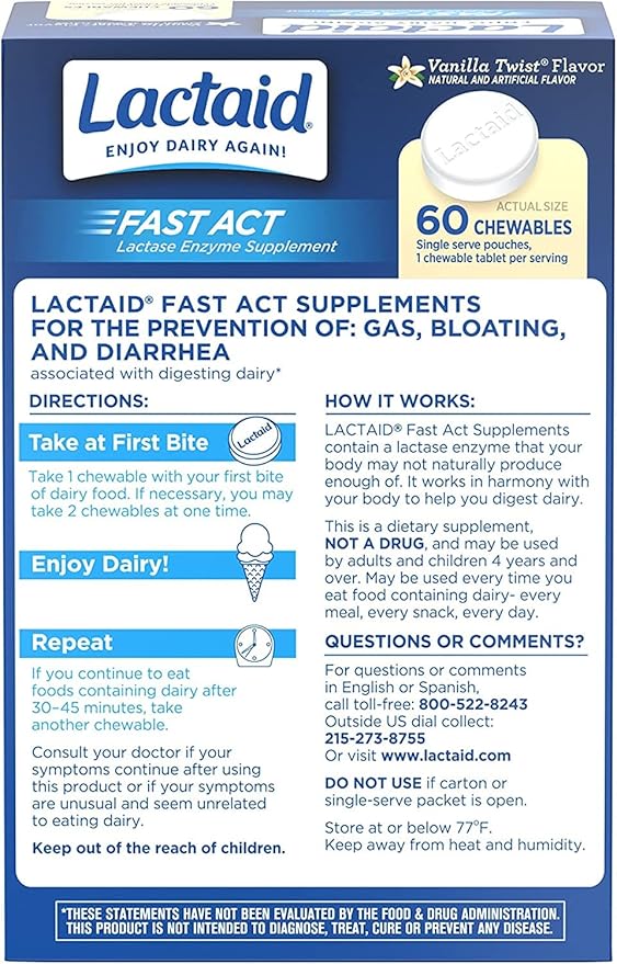LACTAID Fast Act Chewables Vanilla Twist 60 ea (Pack of 12)