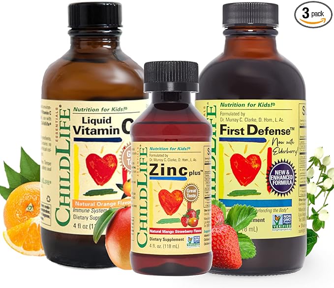 CHILDLIFE ESSENTIALS Immune Support 3-Pack - Liquid Vitamin C First Defense and Zinc - Immune Boosting Supplements for Infants Toddlers and Kids