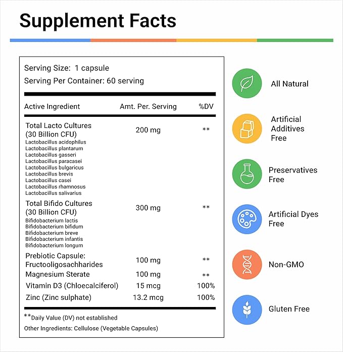 LivingRock Probiotics 60 Billion CFU – 14 Diverse Strains + Prebiotic Fiber (FOS) with Zinc &amp Vitamin D3 – Gluten-Free Non-GMO Dietary Supplement 60 Capsules
