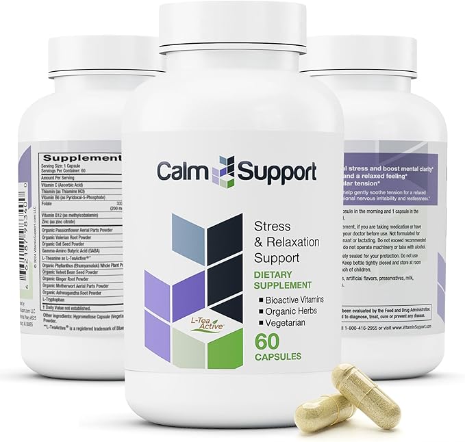 CalmSupport: Stress &amp Relaxation Support - Ashwagandha Passion Flower Valerian Root Ginger GABA Velvet Bean Motherwort Oat Seed L-Theanine L-Tryptophan Folate CB1B6B12Zinc - 60 Caps