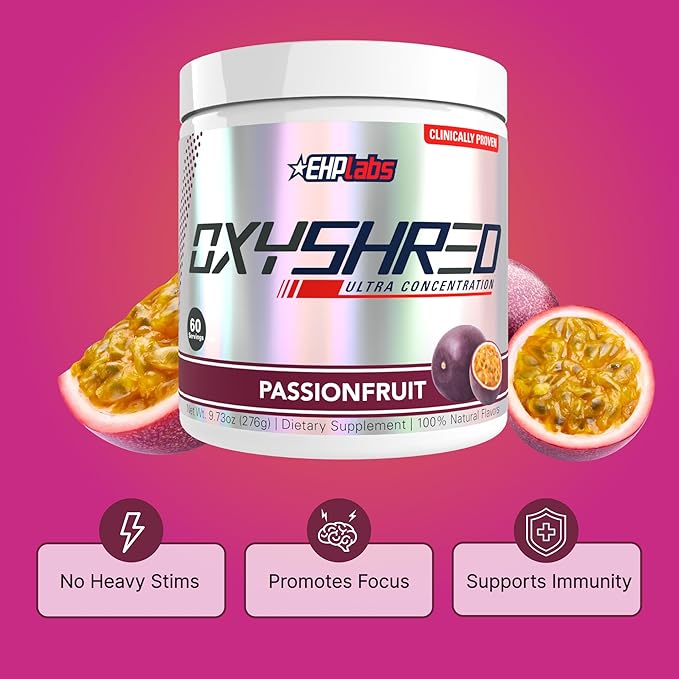 EHP Labs OxyShred Pre Workout Powder &amp Shredding Supplement - Preworkout Powder with L Glutamine &amp Acetyl L Carnitine Energy Boost Drink - Passionfruit 60 Servings