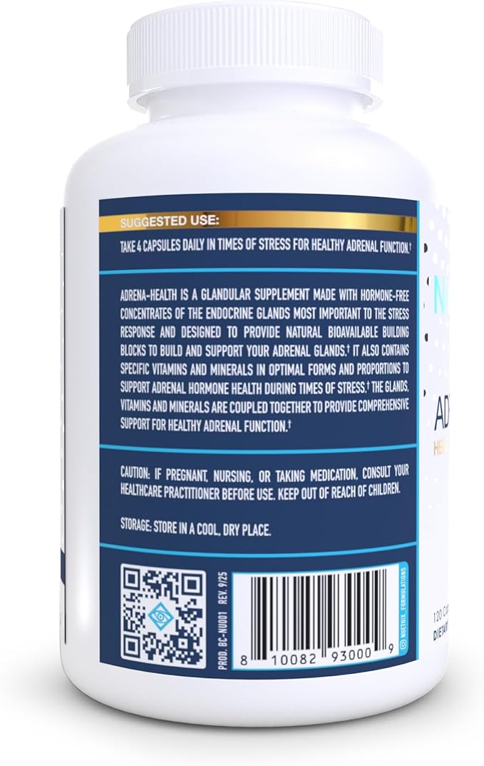 NuEthix Formulations Adrena-Health Dietary Supplement Support Cortisol Health Energy Levels Mood Moderation Adrenal Support Supplements for Women &amp Men Fatigue Supplement - 120 Capsules