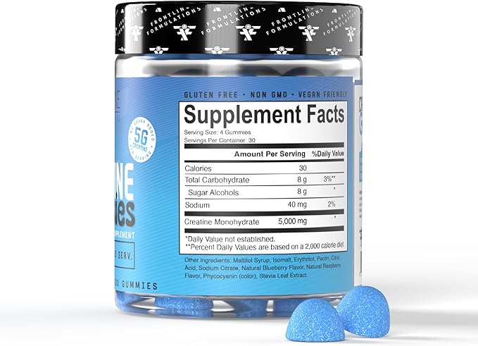 Creatine Monohydrate Gummies 5g Creatine per Serving Sugar-Free Creatine Supplement for Strength Lean Muscle &amp Cognitive Support Sour Blue Razz 120 Gummies