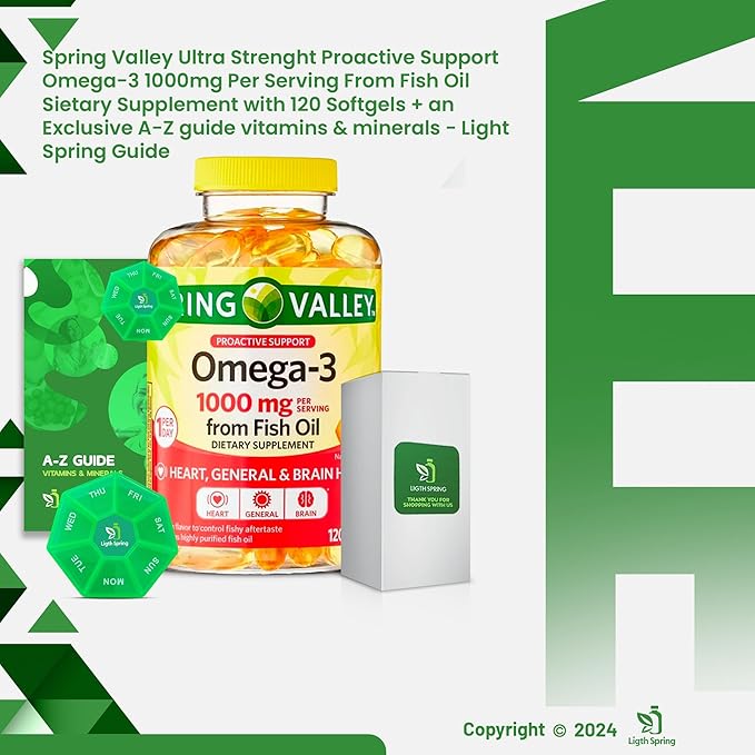 Omega-3 1000mg from Fish Oil with 120 Softgels with Bundle Exclusive Better Ligth&ampSpring Guide + Weekly Pill Organizer (3 Items)