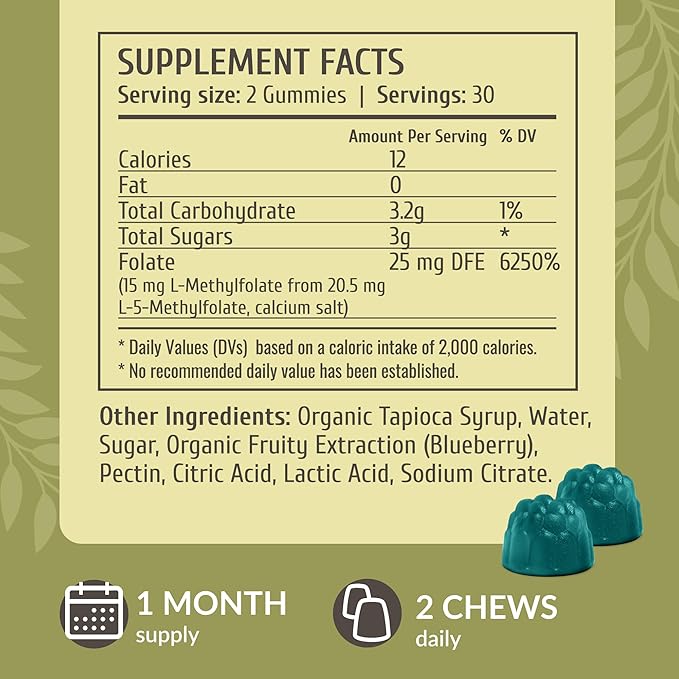 HERBAMAMA L-Methylfolate Gummies - 15mg 5-MTHF Calming Supplement for Adults - Vegan Non-GMO Methylated Folate (Vitamin B9) for Brain Support - 60 Pectin-Based Blueberry-Flavored Chews