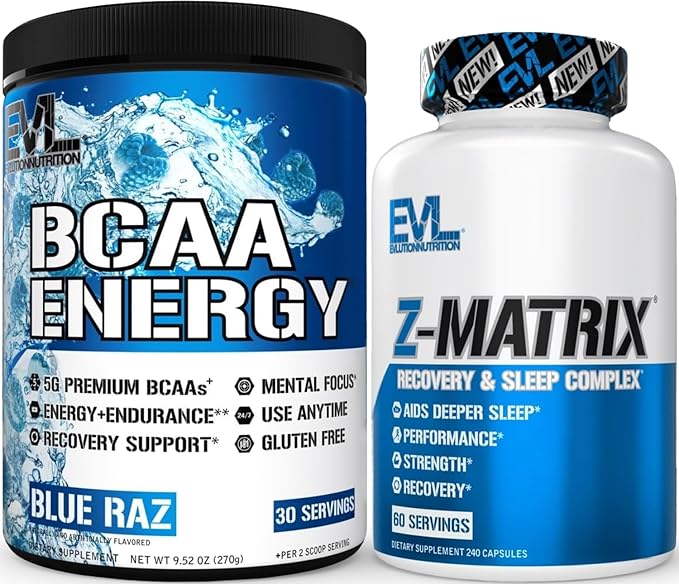 Evlution ZMatrix Magnesium and Zinc Post Workout Supplement (60 Servings) Plus Replenishing BCAAs Amino Acids Powder for Pre &amp Post Workout (Blue Raz 30 Servings)