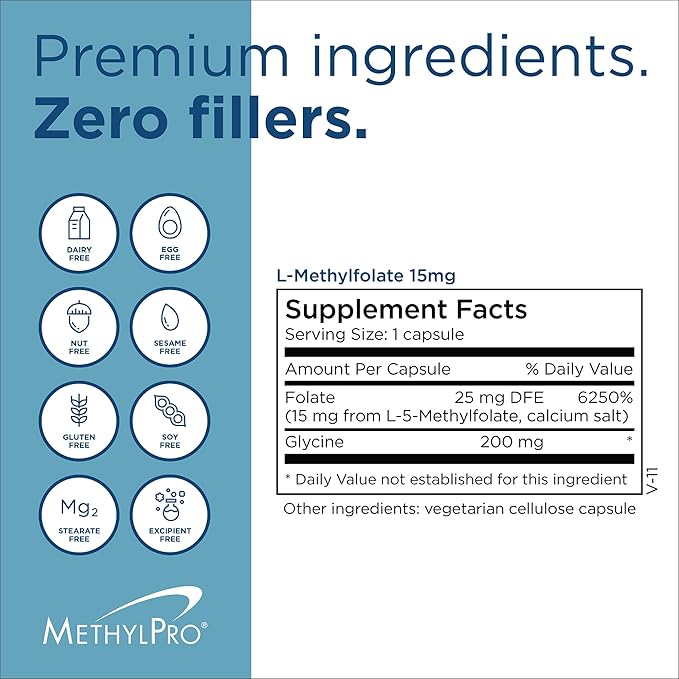 MethylPro L-Methylfolate 15 mg - Bioavailable Folate Supplement for Brain Health &amp Neurotransmitter Support - Vegetarian &amp Hypoallergenic - 30 Servings - 30 Count