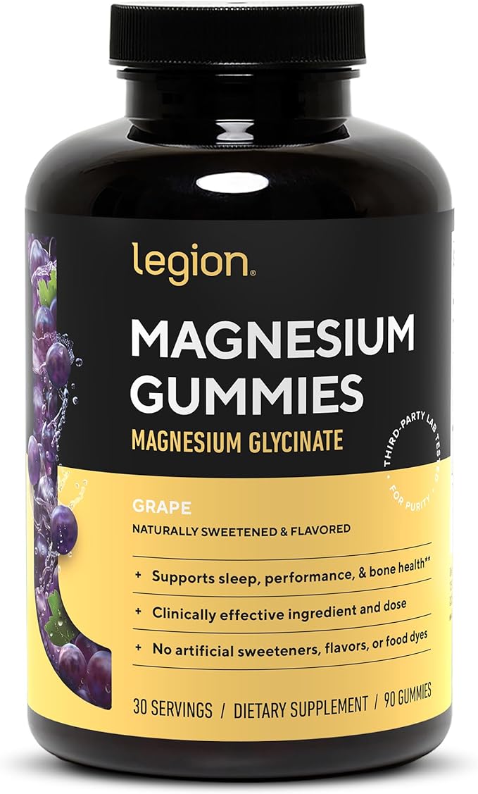 Legion Magnesium Glycinate Supplements - High Absorption Magnesium Supplement for Women &amp Men - Magnesium Mineral Supplements to Help Boost Athletic Performance - 30 Serving Grape Gummies