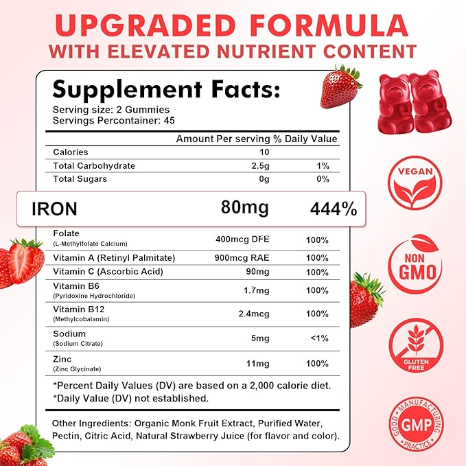 90 Count | Iron Supplement for Women Men &amp Kids Iron Gummies for Iron Deficiency &amp Anemia with Vitamin C B6 B12Folate-Iron Supplement Support Bl♡♡d Oxygen &amp Energy Boost VeganNon-GMO