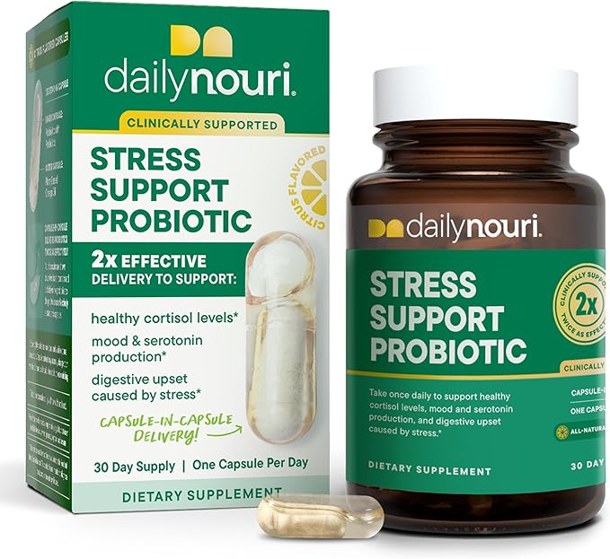 Daily Nouri Stress Support Probiotics for Women &amp Men | Mood &amp Cortisol Support | Gut-Brain Axis + Digestive Support | 3 Clinically Studied Strains + Omega | 30-Day Supply
