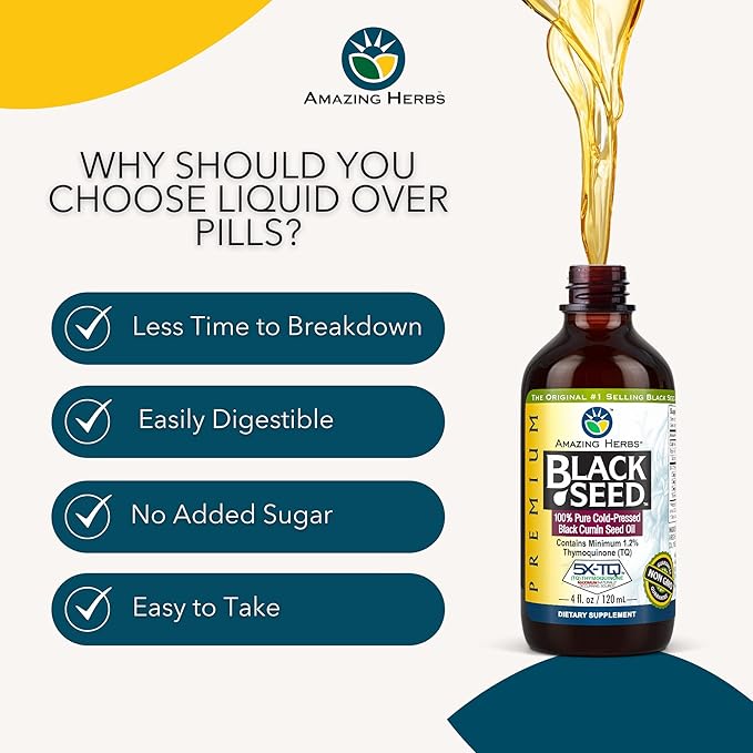 Amazing Herbs Premium Black Seed Oil - Gluten Free Non GMO Cold Pressed Nigella Sativa Aids in Digestive Health Immune Support Brain Function - 4 Fl Oz