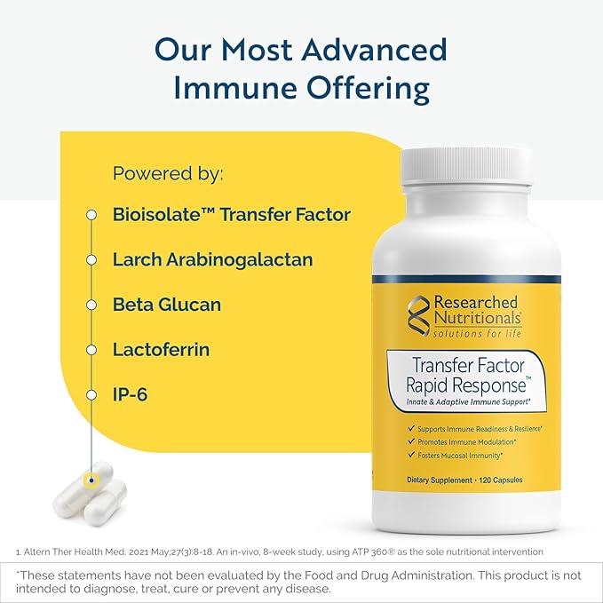 Researched Nutritionals Transfer Factor Rapid Response Immune Support Supplement - Colostrum Blend with Beta Glucan IP-6 &amp Lactoferrin Fast-Acting Innate &amp Adaptive Immune Modulation (120 Ca