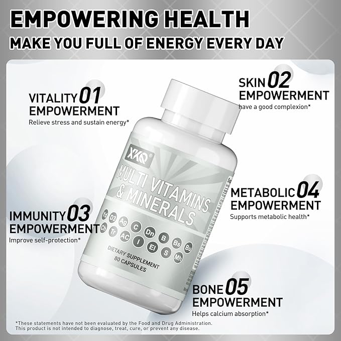 XKQ Multivitamins &amp Minerals 80 Capsules – Daily Vitamin C D3 B Vitamins &amp Zinc for Energy Immune &amp Metabolic Support – Complete Adult Multivitamin Supplement