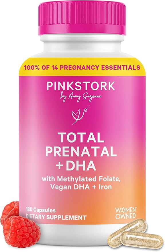 Pink Stork Total Prenatal Vitamins with DHA Folate and Iron 3 Month Supply to Help Support Fetal Development Pregnancy Must Haves - 180 Capsules