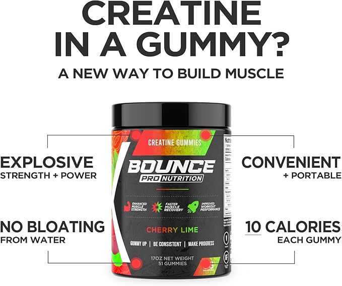 Bounce Pro Creatine Monohydrate Gummies for Men &amp Women Low Calorie 6G of Creatine per Serving Vegan Anti-Melting Gluten-Free Non-GMO 2g of Creatine per Gummy (30ct Cherry Lime)