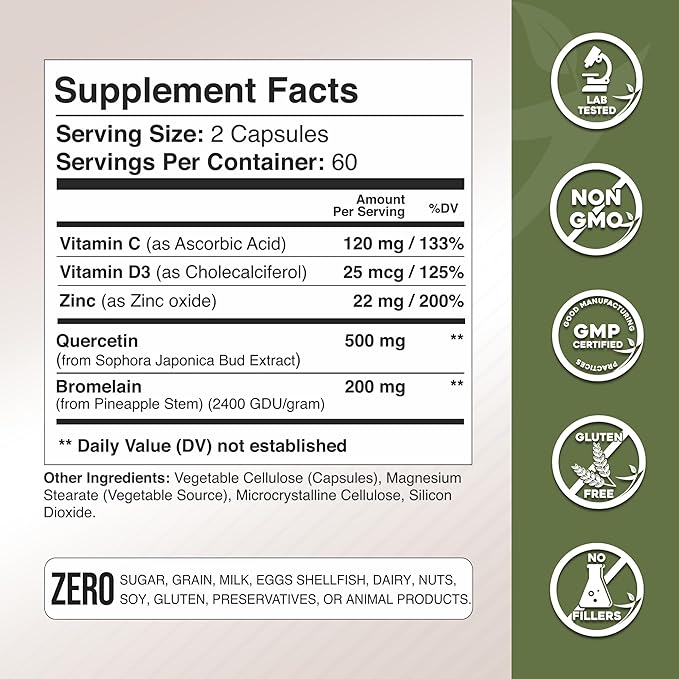 Gade Nutrition Quercetin with Bromelain Vitamin C and Zinc Vitamin D3 | Immune Support Supplement in Capsules | Non-GMO Gluten-Free Vegan | Made in the USA | 2 Month Supply