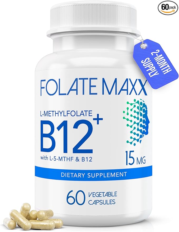 FolateMaxx L Methylfolate 15mg Plus B12 Methyl - 60 Capsules - 5-MTHF with B12 Methylcobalamin Supplement for Mood Methylation and Cognition - Bioactive Forms of Vitamin B9 &amp B12-2 Month Supply