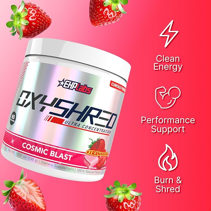 EHP Labs OxyShred Pre Workout Powder - Preworkout Powder with L Glutamine &amp Acetyl L Carnitine Energy Boost Drink - Cosmic Blast 60 Servings