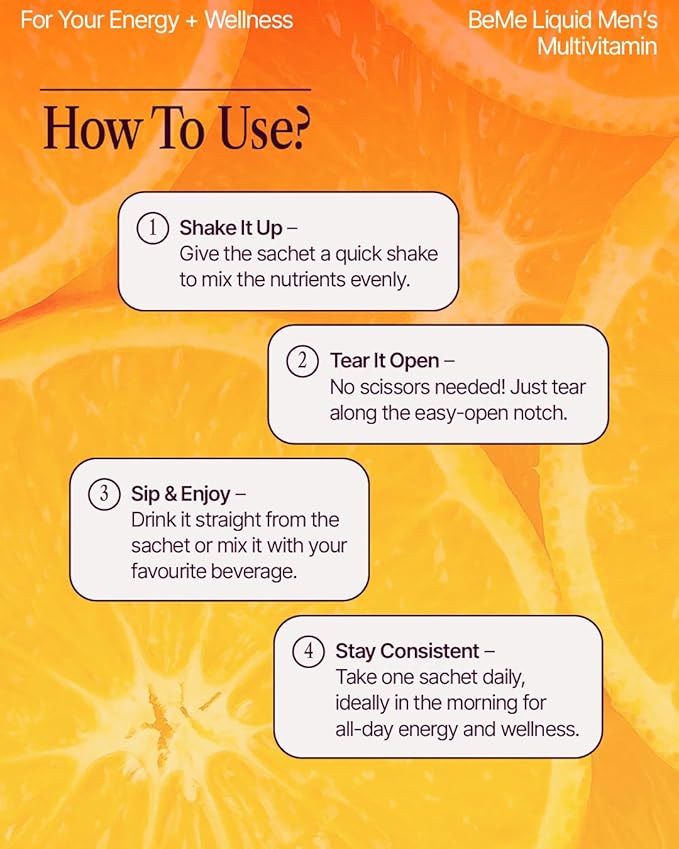BeMe Liquid Multivitamins for Men - Advanced Liquid Delivery System with 13 Vitamins &amp Minerals - Tear &amp Go Sachets Non-GMO Orange Flavor (30 Sachets)