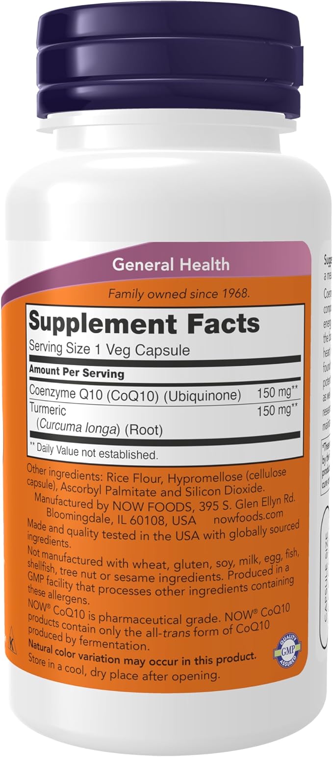 NOW Supplements CoQ10 150 mg Pharmaceutical Grade All-Trans Form produced by Fermentation 100 Veg Capsules