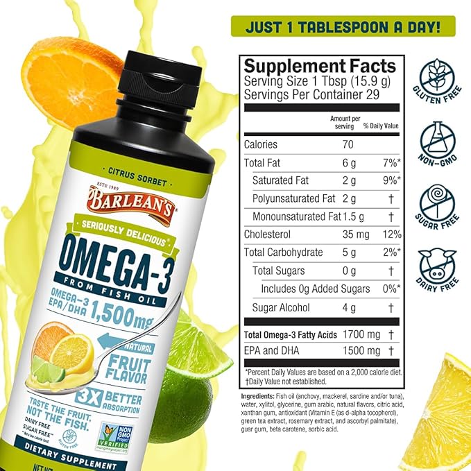 Barlean's Omega 3 Fish Oil Liquid Supplement for Men and Women 1500mg of EPA and DHA Fatty Acid Promotes Brain &amp Heart Health - Non-GMO Citrus Sorbet 16 oz