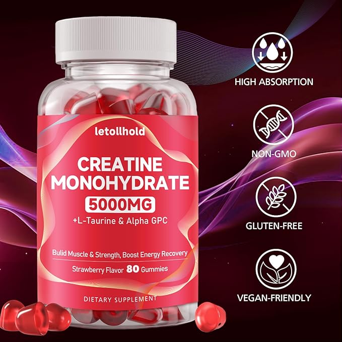 2-Pack Creatine Gummies for Women＆Men - 5g Creatine Monohydrate Gummies With L-Taurine &amp Alpha Gpc for Boost Focus Endurance Strength and Muscle Growth - Vegan Non-GMO (Strawberry 160 ct)