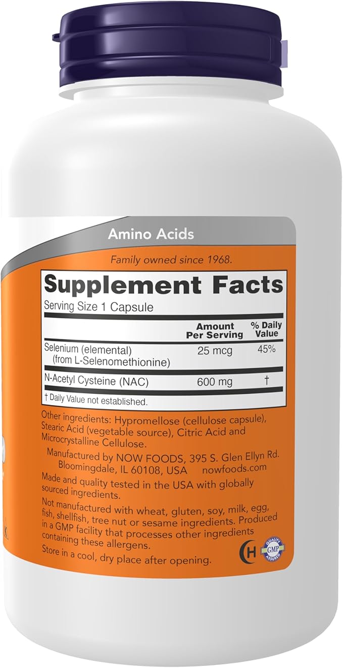 NOW Supplements NAC (N-Acetyl Cysteine) 600 mg with Selenium 250 Veg Capsules