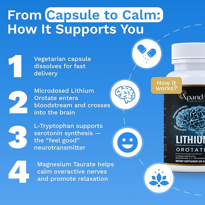 Lithium Orotate 10mg with Magnesium Taurate and l tryptophan for Essential Trace Mineral Brain Healthm*oo*d* Support and Immunity|60 Days Supply|Made in USA