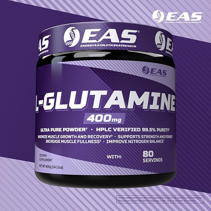 EAS L-Glutamine Powder | 99.5% Purity AjiPure Glutamine | Maximize Muscle Growth &amp Recovery | Improve Nitrogen Balance | 400mg 80 Servings (Unflavored)