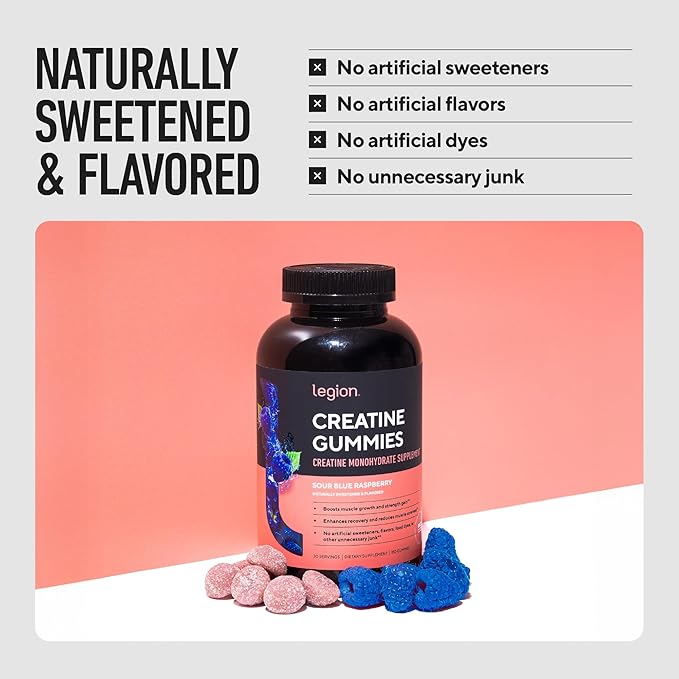 LEGION Creatine Monohydrate Gummies – Clean Chewable Creatine Supplement for Strength Endurance &amp Muscle Recovery – 30 Sour Blue Raspberry Flavor Servings – No Artificial Flavors or Sweeteners