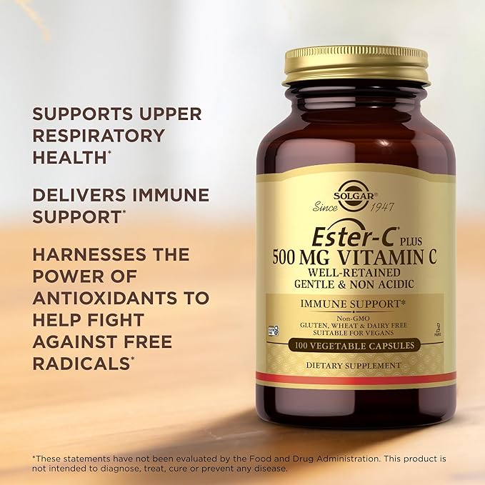 Solgar Ester-C Plus 500 mg Vitamin C (Ascorbate Complex) - 100 Vegetable Capsules Pack of 2 - Antioxidant &amp Immune Support - Non GMO Vegan Gluten Free Kosher - 200 Total Servings