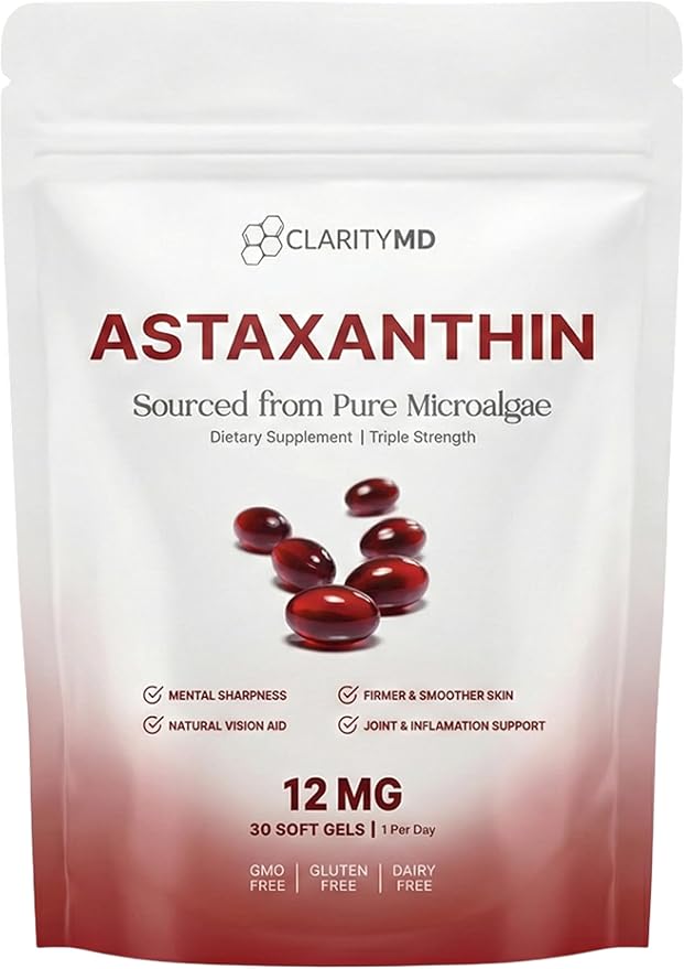 Astaxanthin 12mg Antioxidants Supplement – Natural Microalgae Source – Lipid-Based Softgel for Enhanced Absorption – Cognitive Vision &amp Joint Support – 30 Softgels (Pack of 1)
