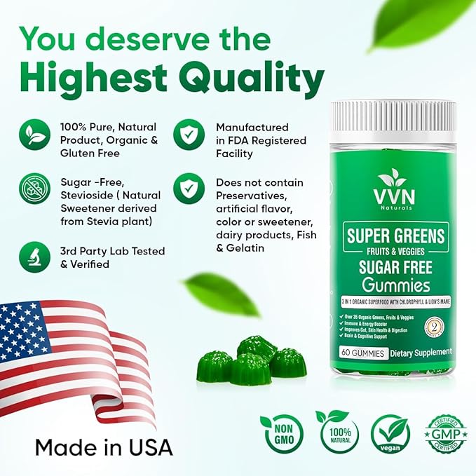 Sugar-Free Real Organic Fruits Super Greens and Veggies Gummies | 35+ Nutritious &amp Healthy Greens Fruits and Vegetables for Improved Immunity Skin Health &amp Energy Boost|60 Vegan Gummies