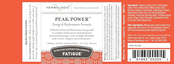 Herbalogic - Peak Power Liquid Herb Drops - Stimulant-Free Natural Energy Formula to Combat Adrenal Fatigue &amp Improve Physical Stamina - Contains American Ginseng &amp Astragalus - 2 Fl. Oz.