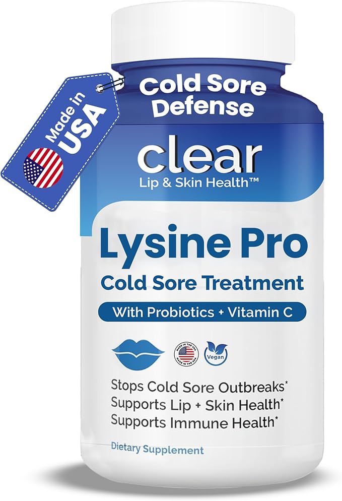 Lysine Cold Sore Treatment for Lips with Pre-Probiotics &amp VIT C | 1 Month Supply | Supercharged Lysine Capsules with Rhamnosus &amp Acidophilus for Cold Sores Relief Skin + Gut Health &amp Immu