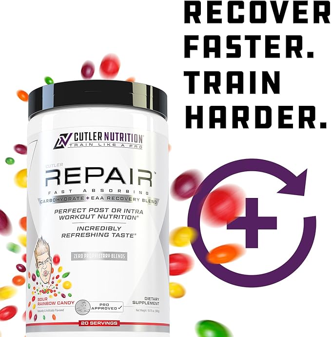 Repair Post Workout Recovery Drink: Fast Absorbing Carbohydrates (Waxy Maize + Cluster Dextrin) and BCAA/EAA for Advanced Muscle Recovery Sour Rainbow Candy 20 Servings