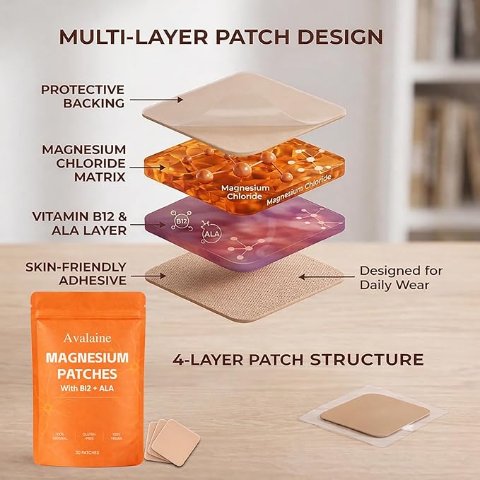 Avalaine Magnesium Patches with Magnesium Chloride Vitamin B12 Folic Acid &amp Alpha-Lipoic Acid 30 Patches