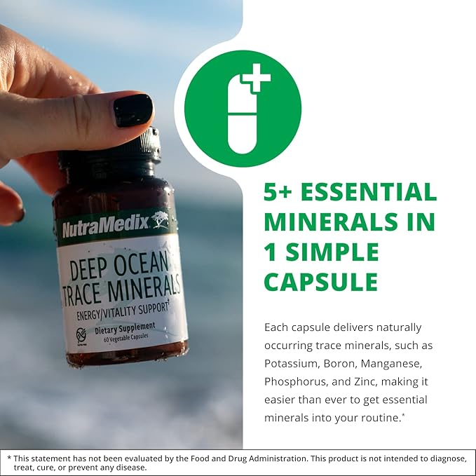 NutraMedix Deep Ocean Trace Minerals 1000mg - Mineral &amp Energy Supplements - Magnesium Zinc Potassium Boron Phosphorus &amp Manganese - Electrolyte Support (60 Capsules) (Pack of 2)