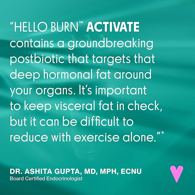 Love Wellness Hello Burn Activate | Support Visceral Fat Burn with HT BPL1 Postbiotic | Supports Healthy Waist Circumference Longevity and Metabolic Wellness | 30 Count