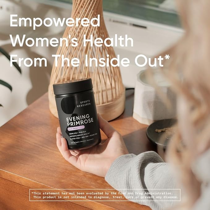 Sports Research Evening Primrose Oil (500mg) Cold-Pressed with No fillers or Artificial Ingredients Non-GMO Tested - Gluten &amp Soy Free (240 Liquid Softgels)