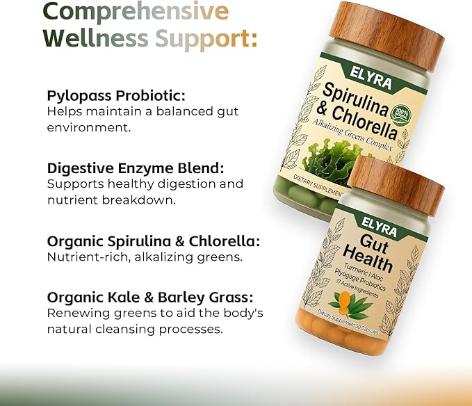 Elyra Gut Health Supplements Gut Health Supports Digestive Balance for Women and Men Energy &amp Immune Health 50 + 120 Vegetarian Capsules (Gut Health + Spirulina)